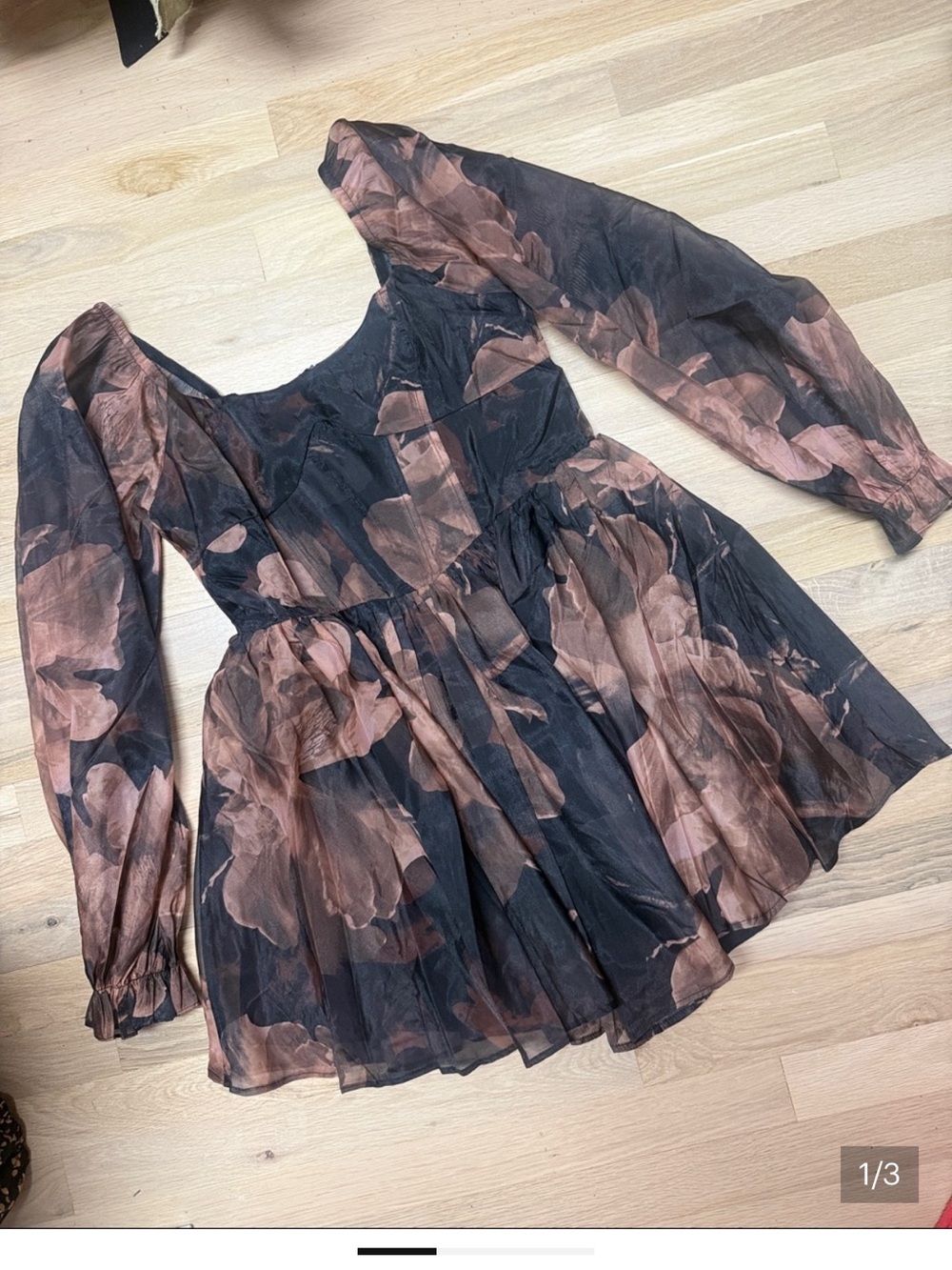 Vici Promesa Sheer Floral Puff-Sleeve Mini Dress - Black & Brown - Picture 5 of 5